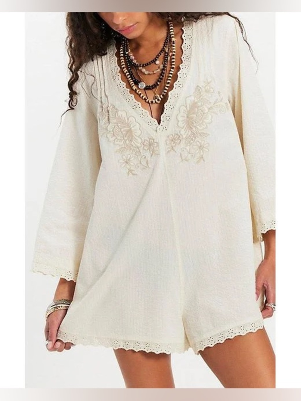 Free People Cream Embroidered V-Neck Chemise Romper